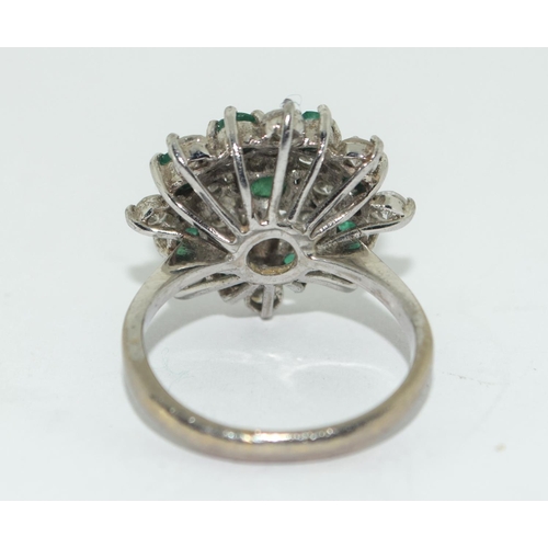 367 - White gold ladies large Diamond and Emerald cluster ring size L