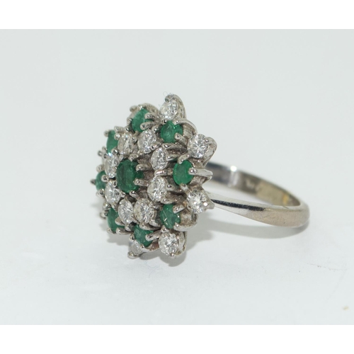 367 - White gold ladies large Diamond and Emerald cluster ring size L