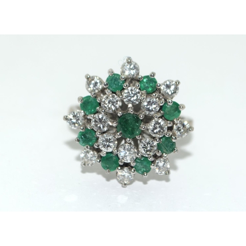 367 - White gold ladies large Diamond and Emerald cluster ring size L