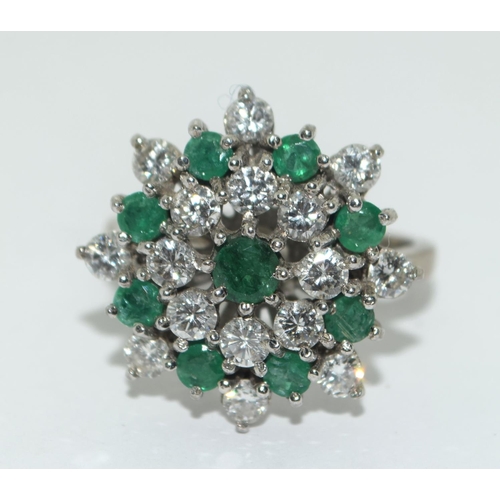 367 - White gold ladies large Diamond and Emerald cluster ring size L