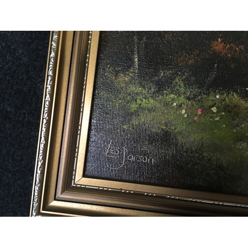 265 - Les Parson: Gilt framed oil on canvas painting “Grange” signed to bottom left 81x35cm.