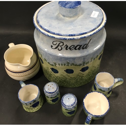 9 - Price Potteries Kensington large ceramic bread bin together with five other pieces and a meakin jug.