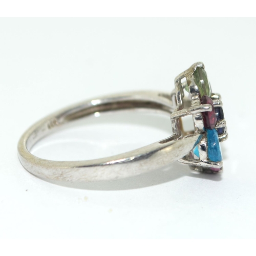 419 - A 925 silver multi color gemstone flower ring., size N