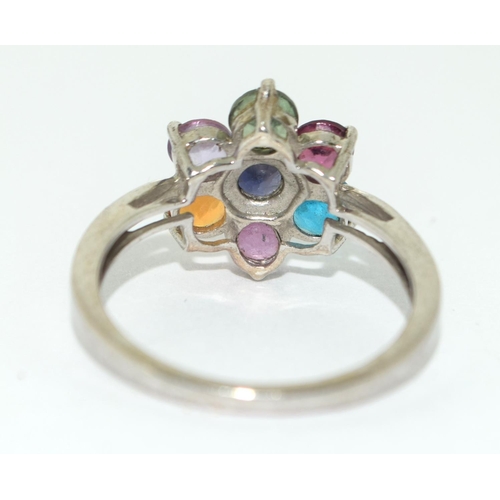 419 - A 925 silver multi color gemstone flower ring., size N