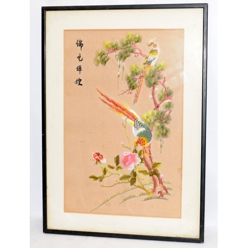 278 - Pair of vintage framed Oriental silk tapestries featuring birds of paradise. Frames require some att... 