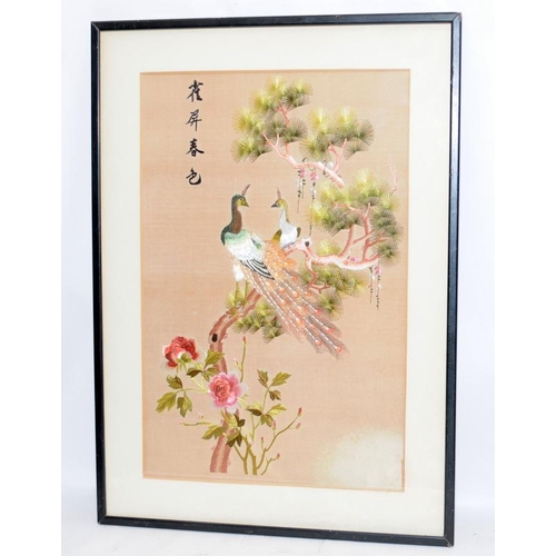 278 - Pair of vintage framed Oriental silk tapestries featuring birds of paradise. Frames require some att... 