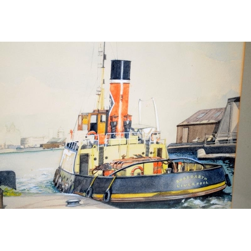 287 - Original watercolour of a tug out of Liverpool signed Simon E Anthony (?). Frame size 55cms x 55cms