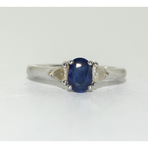 403 - White metal Diamond and Sapphire ring. Size N.