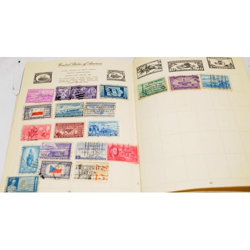 228 - A collection of vintage schoolboy stamp albums containing a good variety of world stamps. Six albums... 