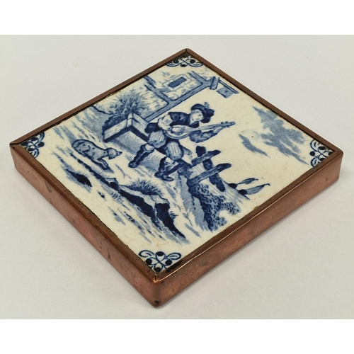 49 - Delft blue brass edge tile together a commemorative cup.