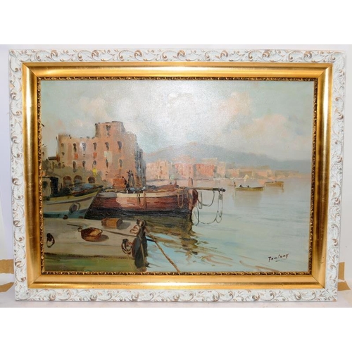 312 - Framed oil on canvas of a North African port scene. Signed to bottom right corner. O/all frame size ... 