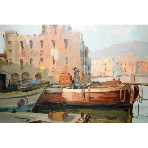 312 - Framed oil on canvas of a North African port scene. Signed to bottom right corner. O/all frame size ... 