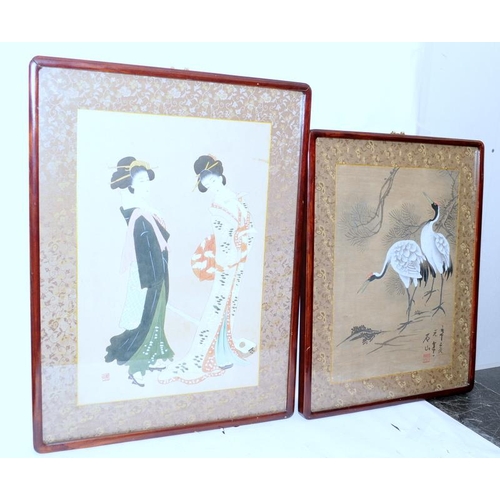 149 - Two vintage framed Oriental watercolours, one featuring Geisha's in traditional garb and the other C... 