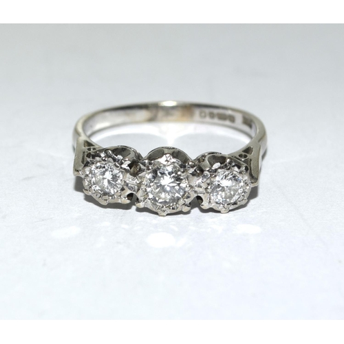 397 - 18ct white gold three stone diamond ring approx 1ct Size Q.