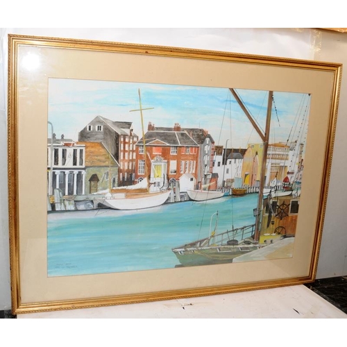 318 - Large framed and glazed watercolour of Poole quay signed G Theobald 1985. Frame size 99cms x 73cms