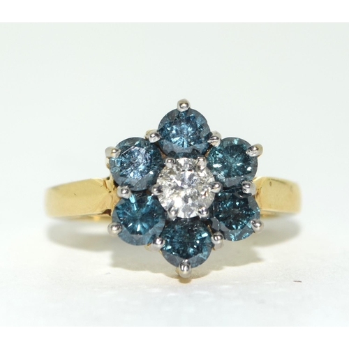 497 - 14ct Gold Blue and White Diamond ring. Approx 1.5cts. Size M.