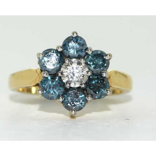 497 - 14ct Gold Blue and White Diamond ring. Approx 1.5cts. Size M.