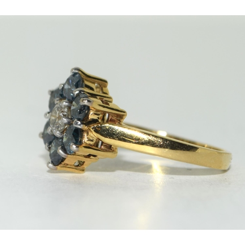 497 - 14ct Gold Blue and White Diamond ring. Approx 1.5cts. Size M.