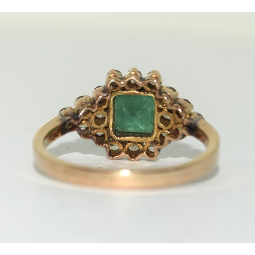 437 - 14ct Gold Diamond and Emerald cluster ring. Size Q.