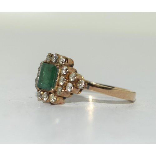 437 - 14ct Gold Diamond and Emerald cluster ring. Size Q.