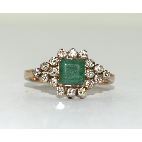 437 - 14ct Gold Diamond and Emerald cluster ring. Size Q.