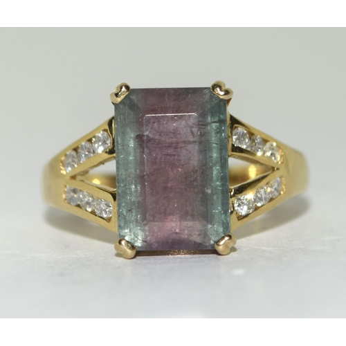 327 - 14ct Gold Diamond and and Watermelon Tourmaline ring. Size Q.