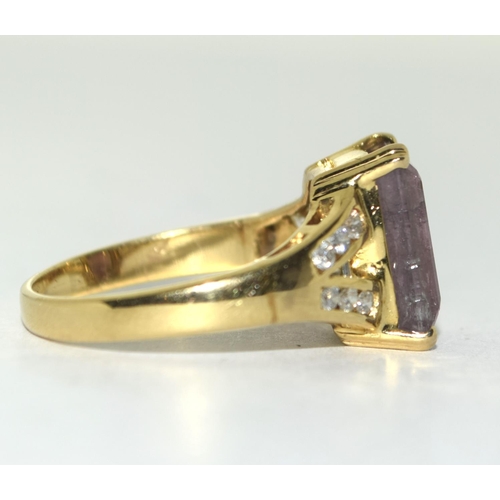 327 - 14ct Gold Diamond and and Watermelon Tourmaline ring. Size Q.