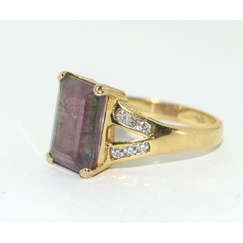 327 - 14ct Gold Diamond and and Watermelon Tourmaline ring. Size Q.