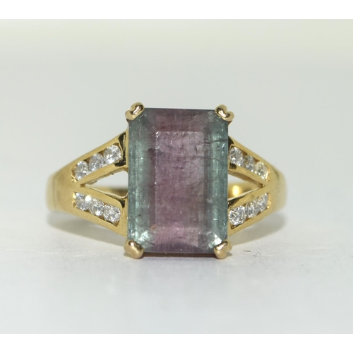 327 - 14ct Gold Diamond and and Watermelon Tourmaline ring. Size Q.