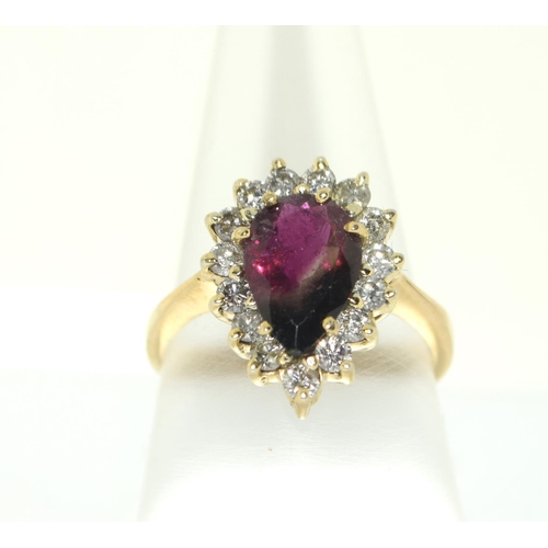 369 - 14ct Gold Diamond and Ruby pear shaped cluster ring. Size Q.