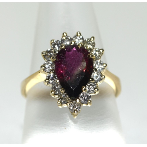 369 - 14ct Gold Diamond and Ruby pear shaped cluster ring. Size Q.