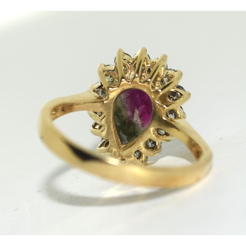 369 - 14ct Gold Diamond and Ruby pear shaped cluster ring. Size Q.