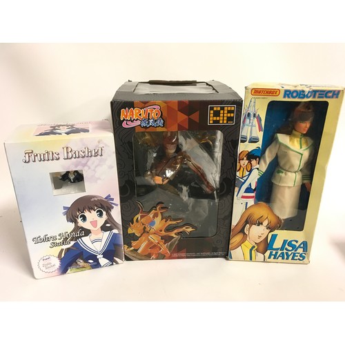 15 - 3 boxed figures to include Naruto, Tohru Honda Statue and Matchbox Robotech Lisa Hayes.