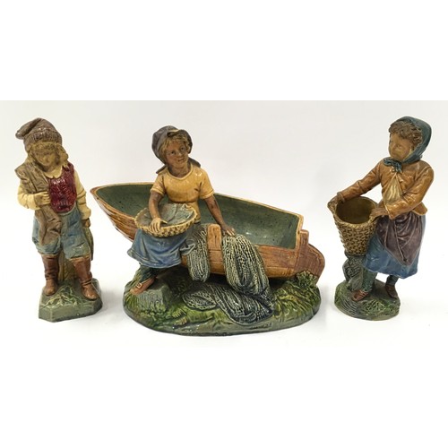 86 - Three Victorian stoneware figurines together with an Empire Ware ceramic house butter dish and two t... 