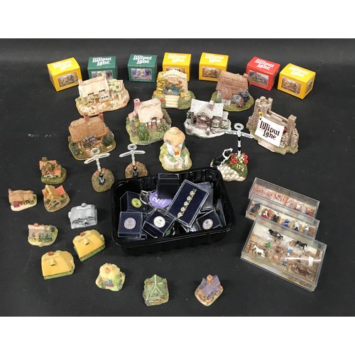 99 - Various Lilliput lane collectors badges, miniature cottages some boxed, lilliput lane mini figures a... 