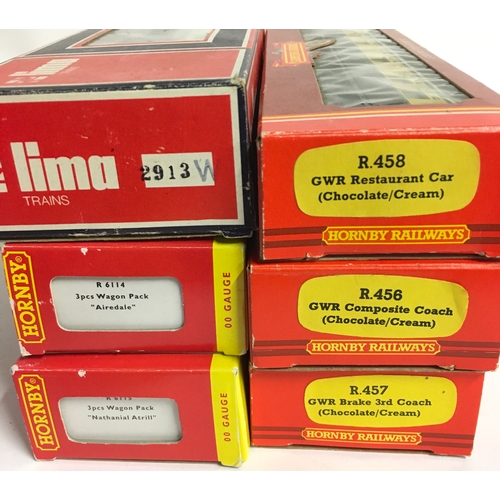 109 - Boxed OO gauge rolling stock to include Hornby R456/457/458 GWR Chocolate and Cream cars, R6114 Aire... 