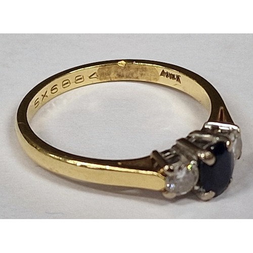 341 - sapphire 0.20 approx and diamond 3 stone 18ct gold ring with excellent stones, Size N, 3.0gms, Boxed