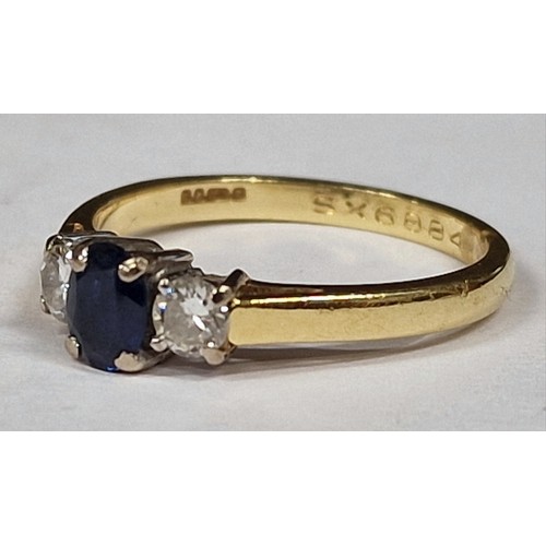 341 - sapphire 0.20 approx and diamond 3 stone 18ct gold ring with excellent stones, Size N, 3.0gms, Boxed