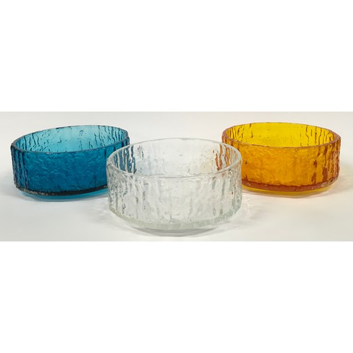 45 - Whitefriars three bark effect  glass fruit bowls in Tangerine, Kingfisher Blue and clear designed by... 