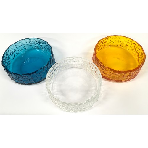 45 - Whitefriars three bark effect  glass fruit bowls in Tangerine, Kingfisher Blue and clear designed by... 