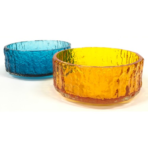 45 - Whitefriars three bark effect  glass fruit bowls in Tangerine, Kingfisher Blue and clear designed by... 