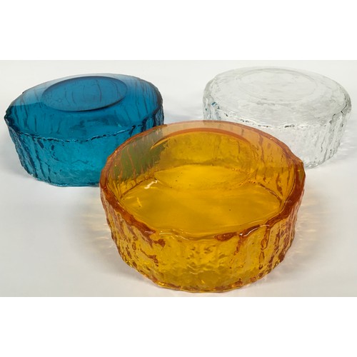 45 - Whitefriars three bark effect  glass fruit bowls in Tangerine, Kingfisher Blue and clear designed by... 