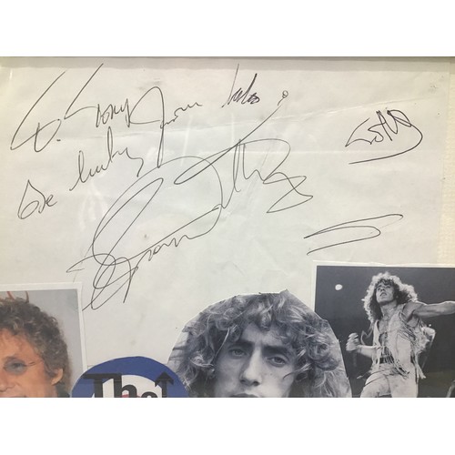 345 - THE WHO AUTOGRAPHS. This is a framed item containing Roger Daltrey autograph with the words ‘To Tony... 