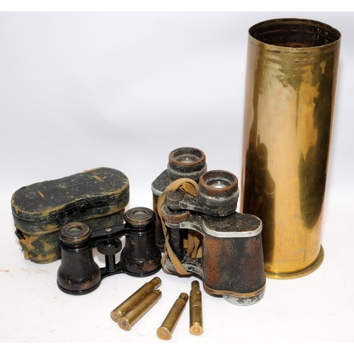 71 - Collectibles to include vintage binoculars and cased opera glasses and a WW1 shell casing and spent ... 