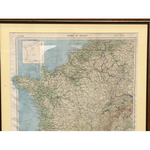 28 - Framed and glazed World War 2 era silk escape  map of France showing occupied zones. 72x77cm.