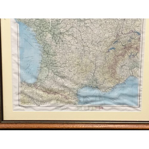 28 - Framed and glazed World War 2 era silk escape  map of France showing occupied zones. 72x77cm.