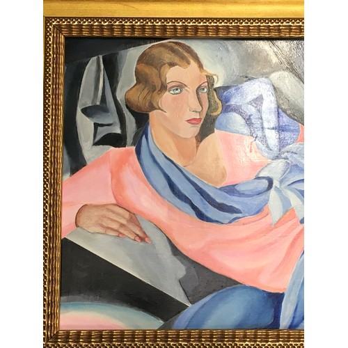 30 - E Crook signed abstract painting of a lady in gilt frame 95x57cm