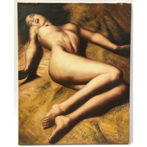 27 - Oil on canvas of a nude lady in erotic position 41x52cm.