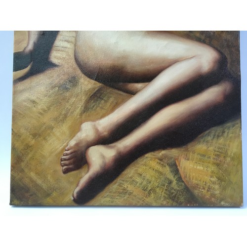 27 - Oil on canvas of a nude lady in erotic position 41x52cm.