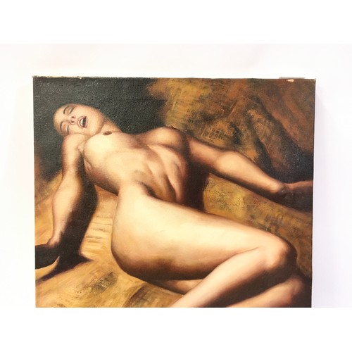 27 - Oil on canvas of a nude lady in erotic position 41x52cm.